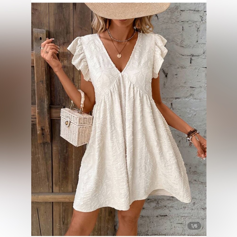 Cream Textured V-Neck Dress